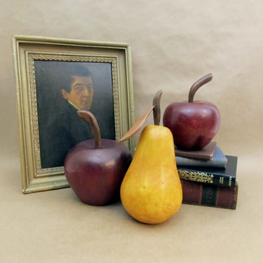 Beautiful Large Carved Wood Pear and Apples Amazing Decor Pieces Sculpted wood Realistic 