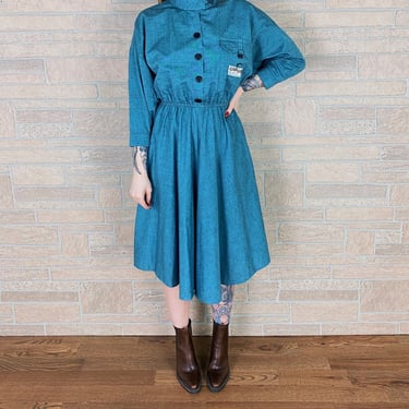 70's Button Front Cinched Waist Midi Dress 