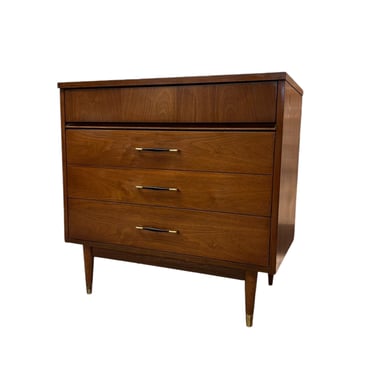 Free Shipping Within Continental US -    Vintage Mid Century Modern 3-Drawer Walnut Dreser with Original Handles & Brass Finished Metal 