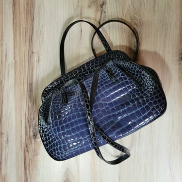 Croc Embossed Leather Shoulder Bag, Retta Wolff Italian Designer Purse 