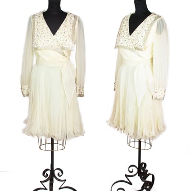 1970s Dress ~ Rhinestone Beaded Pleated Skirt Showgirl Disco Queen Mini Dress 