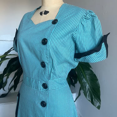 1940s Unworn Princess Peggy Day Dress Frock Teal Check 42 Bust Vintage 