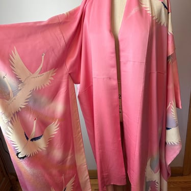 Beautiful vintage Asian Kimono~full length  pink with white cranes~ decorative silk screen print silky rayon layers/ Med- Large size 