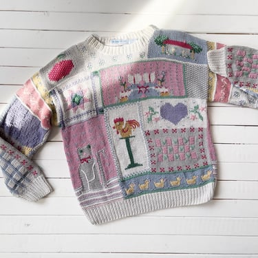 cute cottagecore sweater 80s 90s vintage Northern Isles cat chicken duck pastel granny sweater 