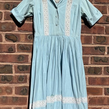 Vintage 1950s Light Blue Pleated Collared Shirtdress Crochet Detail Small Medium by TimeBa