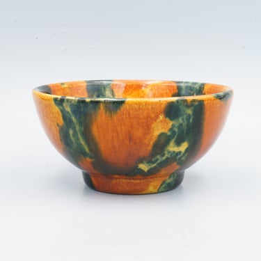 Pacific Clay Products Blended Glaze Stoneware Bowl  Orange and Black | Vintage 1920s Kitchenware 
