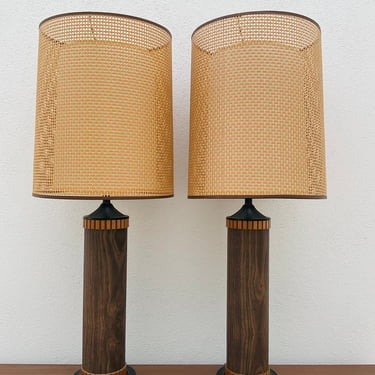 Wooden Cane Shade Lamps / Pair