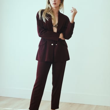 Vintage Thierry Mugler 1990s Maroon Sculptural Pants Suit Activ 90s Trousers Blazer Star Snap Buttons Red 