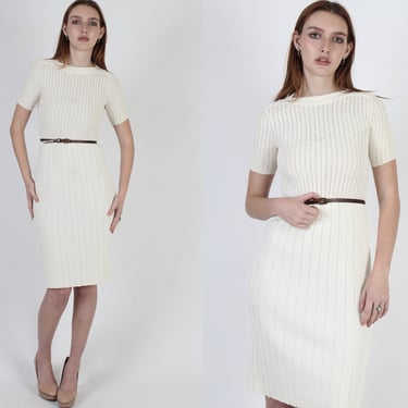 1970s Office Chic Stretch Dress, Vintage Plain Color Minimal Knit Dress, Simple Ivory Uniform Sweater Mini Dress 