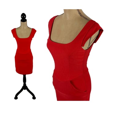 90s Y2K Short Red Mini Dress XS | Cross Back Low Cut Scoop Neck Sheath, Fitted Bodycon Sexy Party, Club Clothes Women Vintage 1990s 2000s 