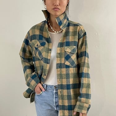 70s wool over shirt / vintage wool windowpane grid over pocket camp shirt jacket shacket | Medium 