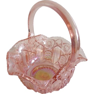 Vintage L.E. Smith Iridescent Pink Carnival Glass Basket 8" Tall Circa 1970 