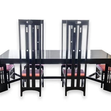 Charles Rennie Mackintosh Black Ebonized Wood Dining Table & Chairs Set 