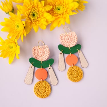 Traveller Earrings in Peach / Mustard / Green - Mountain Fable Collab Earrings - Crocheted Cotton + Reclaimed Leather 