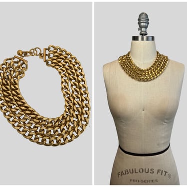 ANNE KLEIN Vintage 1980s 1990s Triple Chain Necklace | Gold Plated Chain Choker Necklace | Versace Style Jewelry 