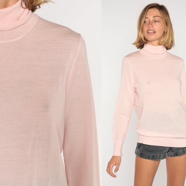 Baby Pink Turtleneck 90s Cashmere Blend Knit Sweater Retro Basic Solid Pullover Slouchy Cozy Thin Sweater Top Pastel Vintage 1990s Small S 