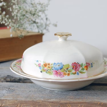 Floral covered dish / vintage porcelain covered serving dish / vintage cheese dish / cottage kitchen / shabby chic / vintage butter dish 