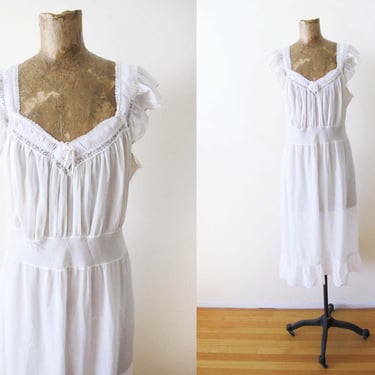 Vintage 50s Lawn Cotton Nightie Slip Dress M L - Romantic Cottagecore Feminine Style - Condition Issues 