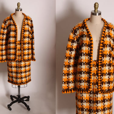 1960s Knit Granny Square Orange Yellow, Brown and Cream 3/4 Length Sleeve Jacket with Matching Skirt Two Piece Skirt Suit -L 