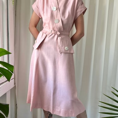 40s Belted Pink Linen Dress