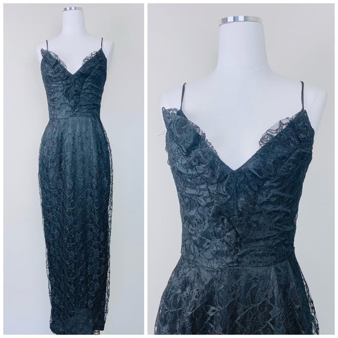 1980s Vintage Black Climax By David Howard Lace Gown / 80s / Eighties Plunging Neck Wiggle Evening Dress / Small 