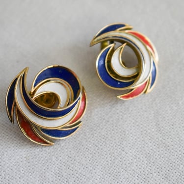 1960s Trifari Red, White, and Blue Swirl Clip Earrings 