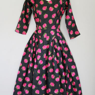 1940-50's -Silk Taffeta Rose Print Dress by Ben Reig- Size 2/4 