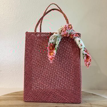 Vintage 70s Pink Mesh Weaved Square Open Style Top Handle Bag with Bow Bandana 