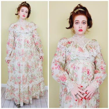 1970s Vintage Pink and Cream Floral Victorian Prairie Dress / 70s Lace Trim Ruffled High Neck Maxi Folk Singer Gown / Size Small 