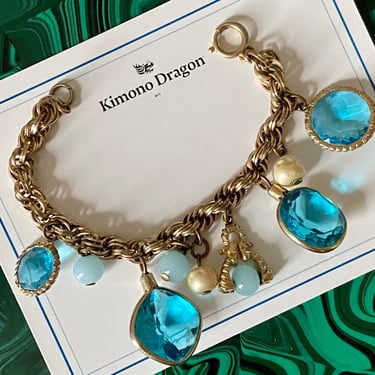 60s Gold &amp; Blue Crystal Charm Bracelet