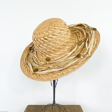 1980s Wide Straw Hat | 80s Woven Straw Sun Hat | Lord & Taylor 