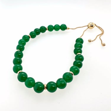 Stunning Jewelmak Green Jade Bead & 14k Yellow Gold Adjustable Bracelet Signed 