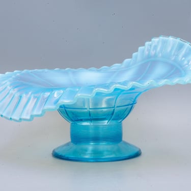 Jefferson Glass Northwood Block Blue Opalescent Footed Bowl | Antique Pressed Glass 