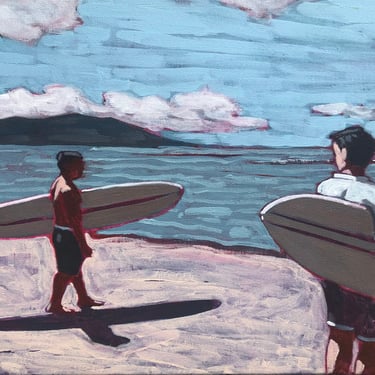 Surfers #9 - Original Acrylic Painting on Canvas 16 x 12, michael van, blue, surf, boards, ocean, waves, sand, beach, surfing, art, clouds 