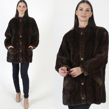 Luxurious Button up Mink Coat, Real Brown Oversized Jacket, Vintage Womens Sheared Trim 