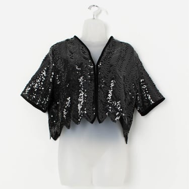 Vintage cropped black sequin top jacket with velvet trim - Medium 