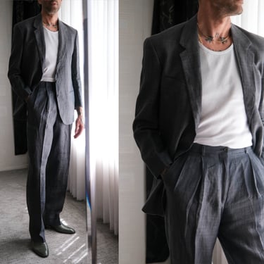 Vintage 80s Giorgio Armani Gray Crosshatch Wool Gabardine Two