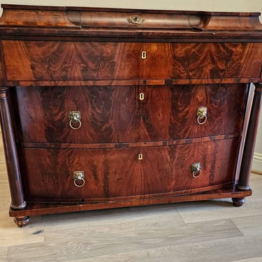 Early 19th Century Biedermeier Period Northern European Baltic Empire Style Flame Mahogany Chest Of Drawers Commode 