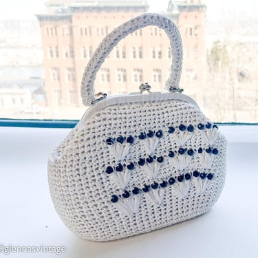 1950s White Crochet Beaded Purse | 50s White Raffia Crochet Handbag | Bellariva Japan 