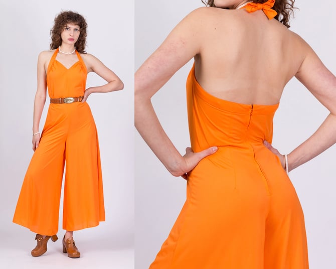 70s Orange Halter Palazzo Jumpsuit - Medium | Vintage