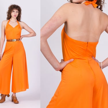 70s Orange Halter Palazzo Jumpsuit - Medium | Vintage Sweetheart Neck Wide Leg Disco Pantsuit 