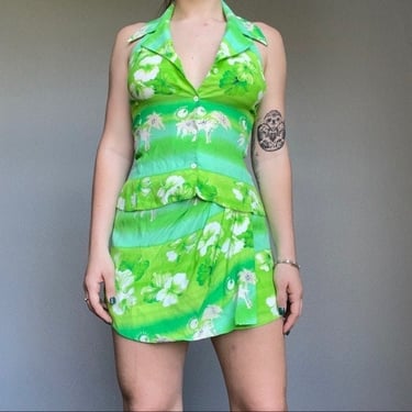 Vintage 80s Women’s Lime Green Floral Tropical Halter Top and Mini Skirt Set Sz S 