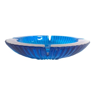 BLENKO|• #624 Turquoise Blue Art Glass Ribbed Ashtray | Wayne Husted Starburst Dish Bowl | MCM Catchall | Retro Color Pop Centerpiece 