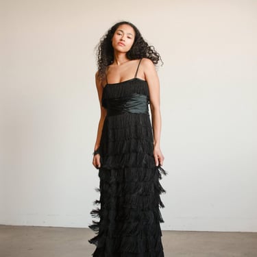 1940s Black Silk Fringe Evening Dress 