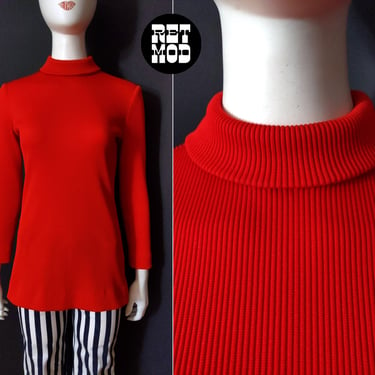 Mod Vintage 60s 70s Red Ribbed Tunic Top 