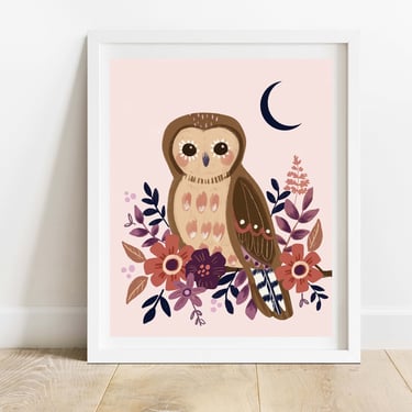 Floral Owl With Moon Art Print/ 8 X 10 Bird with Botanicals Illustration/ Modern Woodland Home Decor 