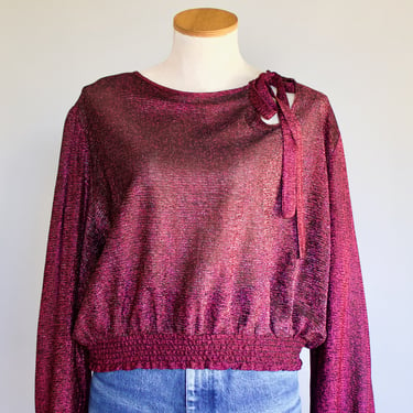 Vintage Metallic Magenta Keyhole Necktie Blouse - Early 80s Cal Togs Dolman Sleeve Ruched Hem Top - Large 