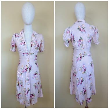 1990s Vintage Betsey Johnson Black Label Crepe Dress 90s Grunge Pink Floral Button Dress / Small - Medium 