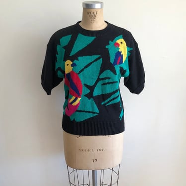Short-Sleeved, Tropical Bird Knit Sweater - 1980s 