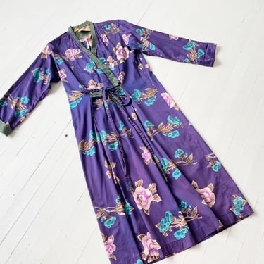 1970s Kenzo Purple Cotton Wrap Dress – Floral Print Kimono Cut with Green Trim, Size L/XL Vintage 